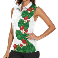 Hawaiian Taro Leaves-Hibiscus and Plumeria Women Sleeveless Polo Shirt Polynesian Art-Kakau Tattoo White