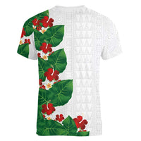 Hawaiian Taro Leaves-Hibiscus and Plumeria Women V-Neck T-Shirt Polynesian Art-Kakau Tattoo White