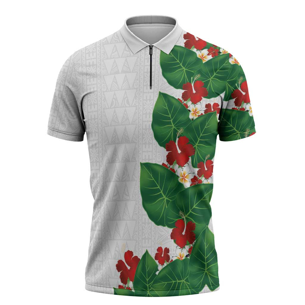 Hawaiian Taro Leaves-Hibiscus and Plumeria Zipper Polo Shirt Polynesian Art-Kakau Tattoo White