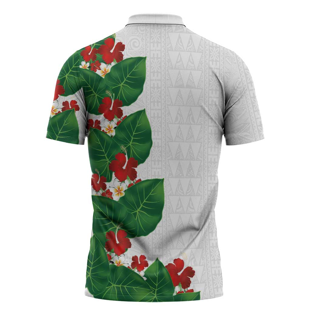 Hawaiian Taro Leaves-Hibiscus and Plumeria Zipper Polo Shirt Polynesian Art-Kakau Tattoo White