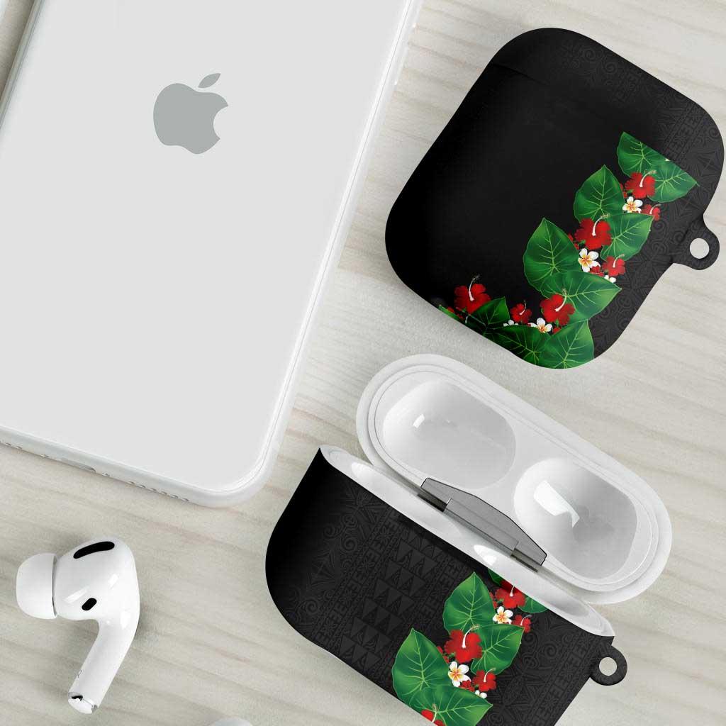 Hawaiian Taro Leaves-Hibiscus and Plumeria AirPods Case Polynesian Art-Kakau Tattoo Black