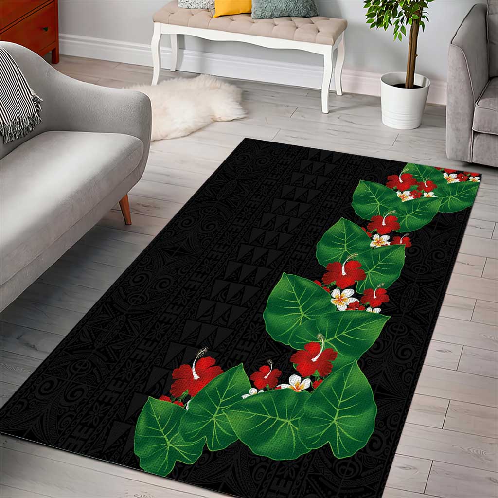 Hawaiian Taro Leaves-Hibiscus and Plumeria Area Rug Polynesian Art-Kakau Tattoo Black