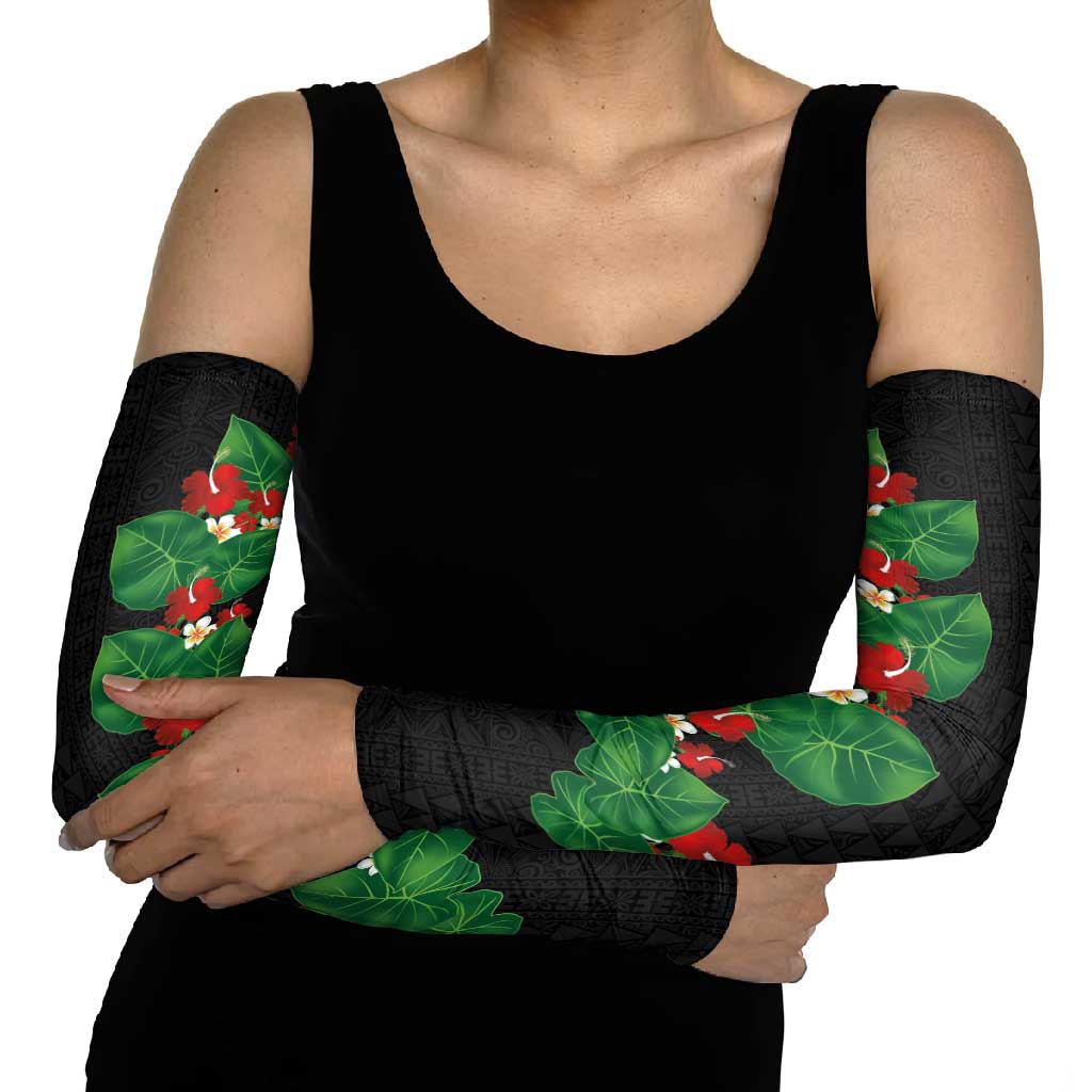 Hawaiian Taro Leaves-Hibiscus and Plumeria Arm Sleeves Polynesian Art-Kakau Tattoo Black