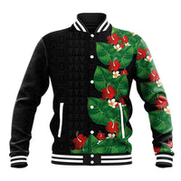 Hawaiian Taro Leaves-Hibiscus and Plumeria Baseball Jacket Polynesian Art-Kakau Tattoo Black