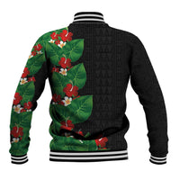 Hawaiian Taro Leaves-Hibiscus and Plumeria Baseball Jacket Polynesian Art-Kakau Tattoo Black