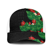 Hawaiian Taro Leaves-Hibiscus and Plumeria Baseball Net Cap Polynesian Art-Kakau Tattoo Black