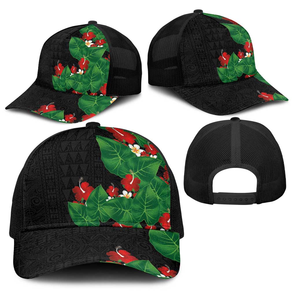 Hawaiian Taro Leaves-Hibiscus and Plumeria Baseball Net Cap Polynesian Art-Kakau Tattoo Black