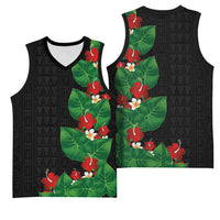 Hawaiian Taro Leaves-Hibiscus and Plumeria Basketball Jersey Polynesian Art-Kakau Tattoo Black