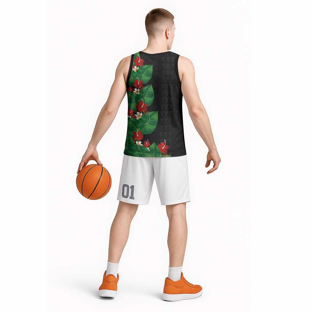 Hawaiian Taro Leaves-Hibiscus and Plumeria Basketball Jersey Polynesian Art-Kakau Tattoo Black