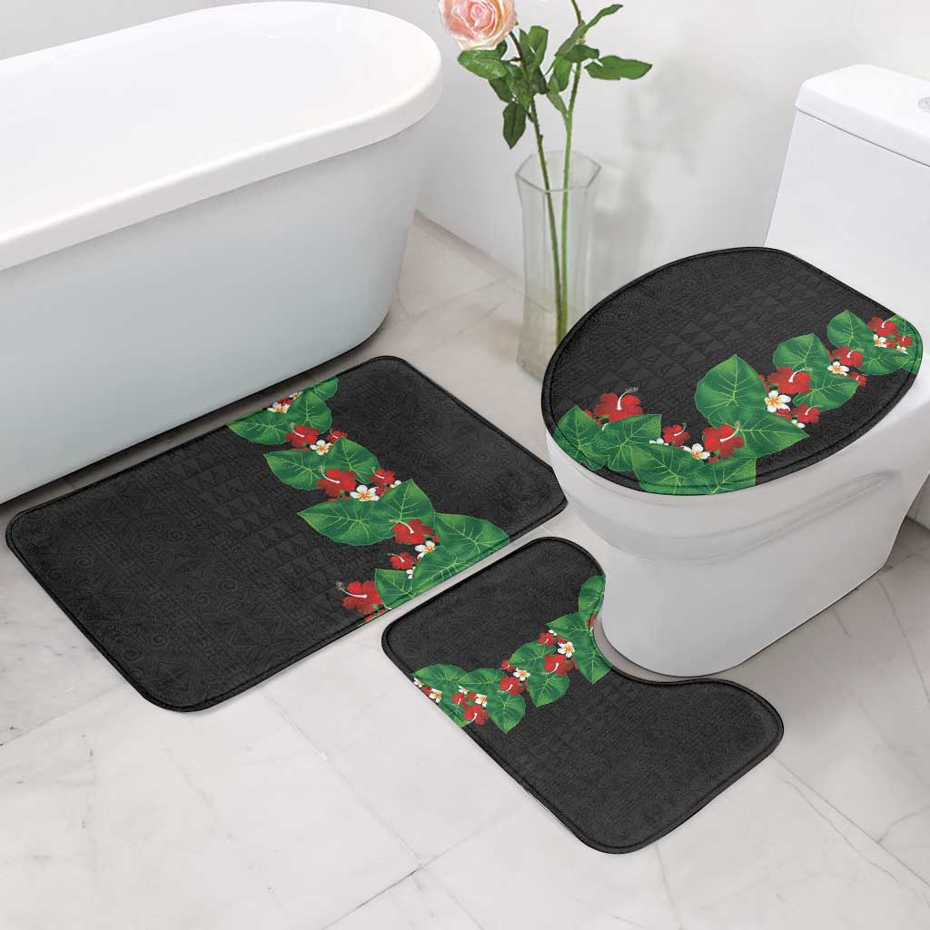 Hawaiian Taro Leaves-Hibiscus and Plumeria Bathroom Set Polynesian Art-Kakau Tattoo Black