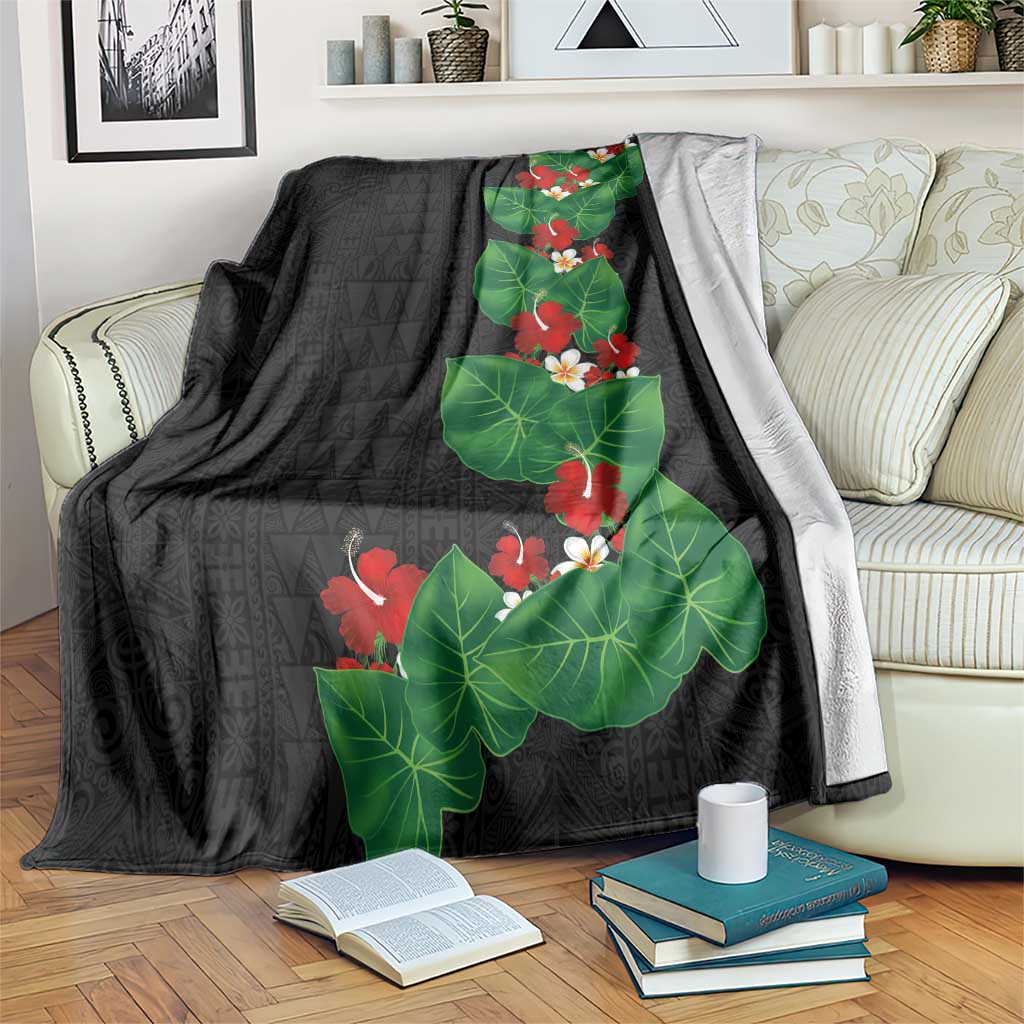 Hawaiian Taro Leaves-Hibiscus and Plumeria Blanket Polynesian Art-Kakau Tattoo Black