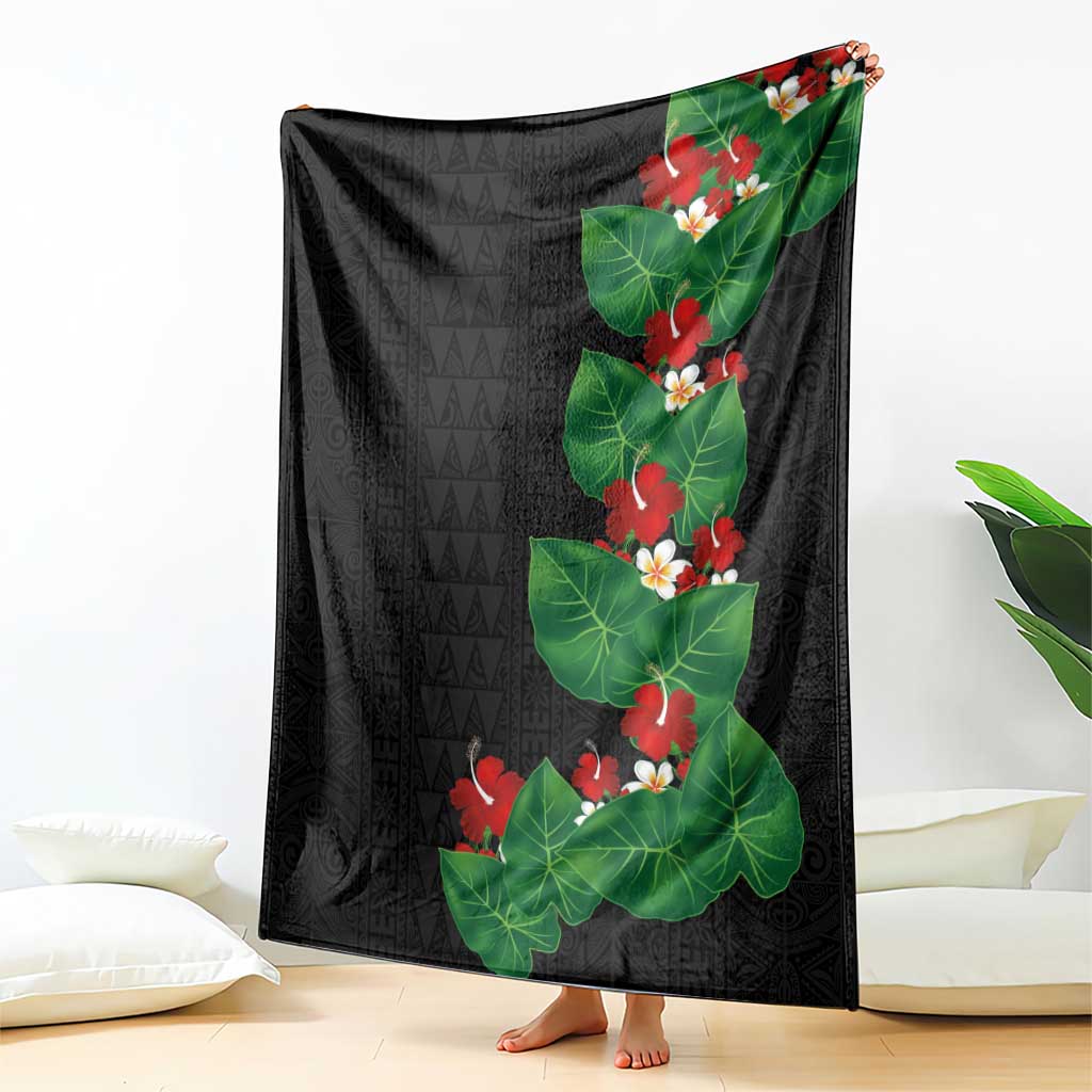 Hawaiian Taro Leaves-Hibiscus and Plumeria Blanket Polynesian Art-Kakau Tattoo Black