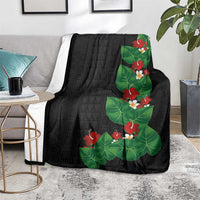 Hawaiian Taro Leaves-Hibiscus and Plumeria Blanket Polynesian Art-Kakau Tattoo Black