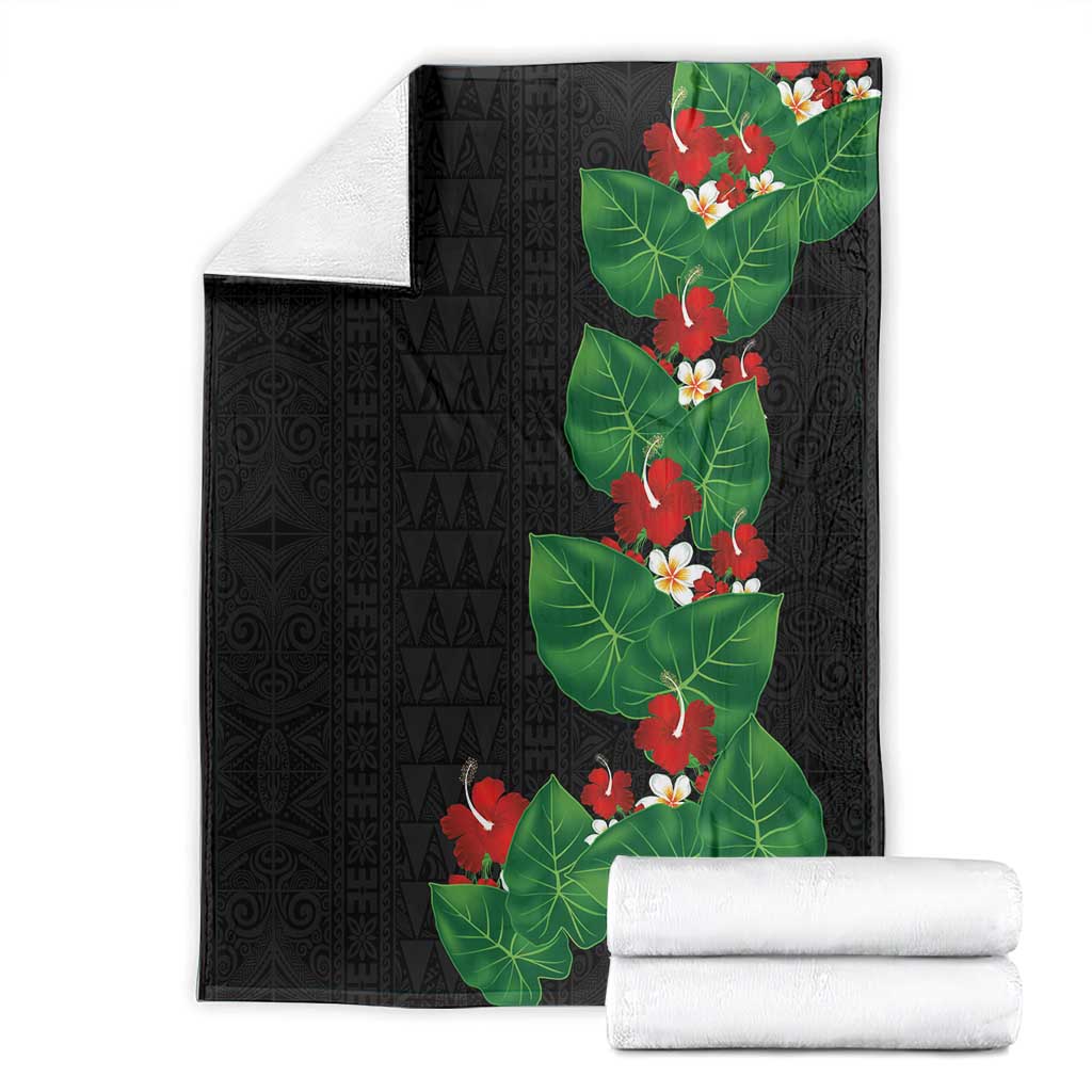 Hawaiian Taro Leaves-Hibiscus and Plumeria Blanket Polynesian Art-Kakau Tattoo Black