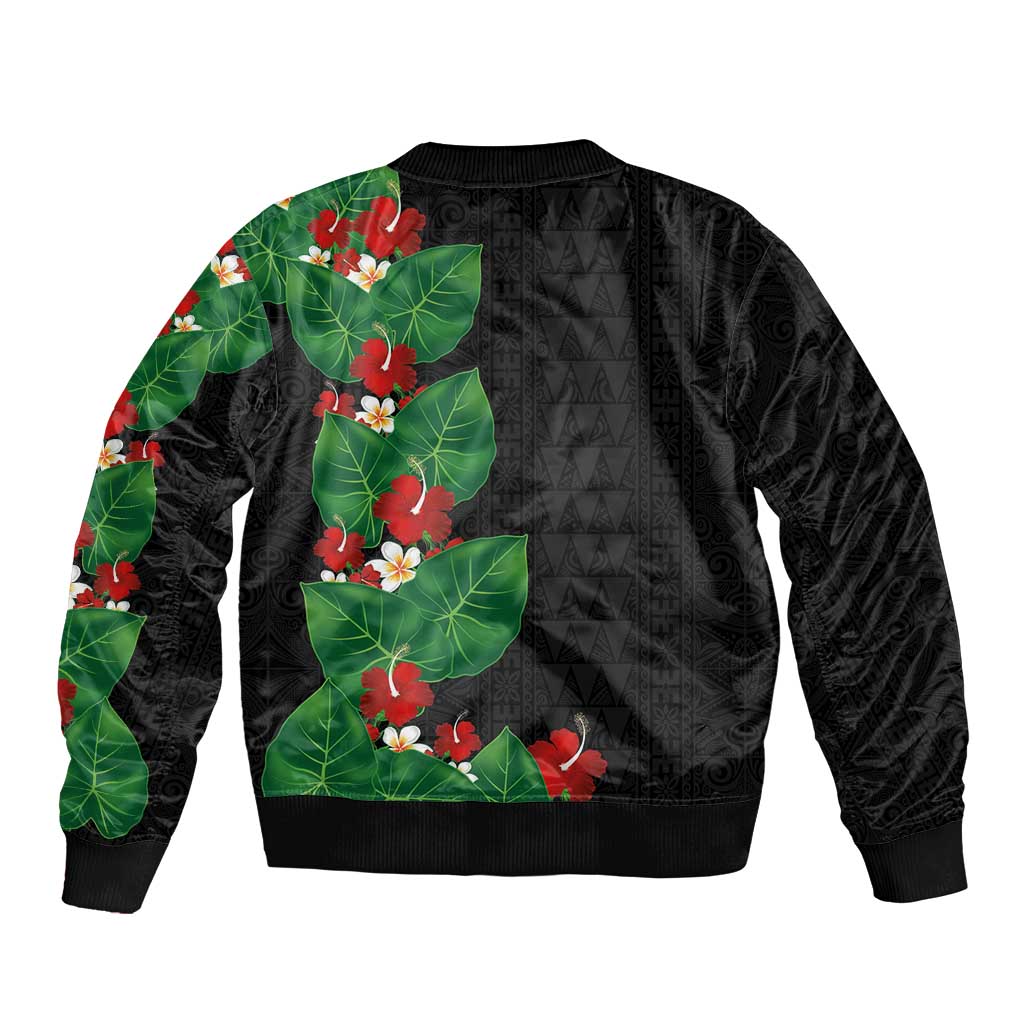 Hawaiian Taro Leaves-Hibiscus and Plumeria Bomber Jacket Polynesian Art-Kakau Tattoo Black