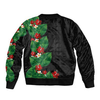 Hawaiian Taro Leaves-Hibiscus and Plumeria Bomber Jacket Polynesian Art-Kakau Tattoo Black