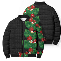 Hawaiian Taro Leaves-Hibiscus and Plumeria Bomber Puffer Jacket Polynesian Art-Kakau Tattoo Black