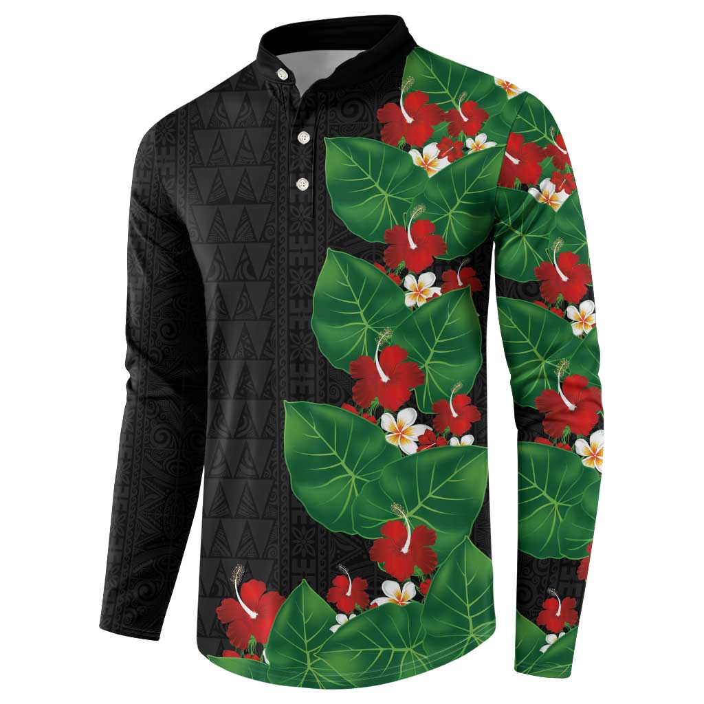 Hawaiian Taro Leaves-Hibiscus and Plumeria Button Sweatshirt Polynesian Art-Kakau Tattoo Black