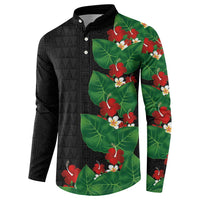 Hawaiian Taro Leaves-Hibiscus and Plumeria Button Sweatshirt Polynesian Art-Kakau Tattoo Black