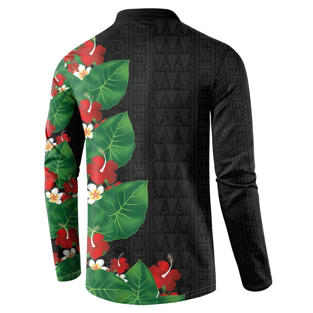 Hawaiian Taro Leaves-Hibiscus and Plumeria Button Sweatshirt Polynesian Art-Kakau Tattoo Black