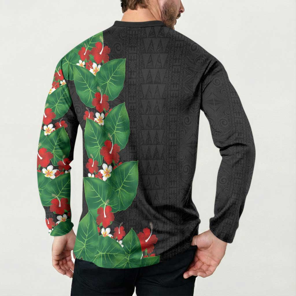 Hawaiian Taro Leaves-Hibiscus and Plumeria Button Sweatshirt Polynesian Art-Kakau Tattoo Black