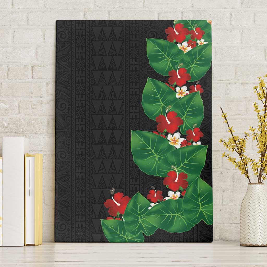 Hawaiian Taro Leaves-Hibiscus and Plumeria Canvas Wall Art Polynesian Art-Kakau Tattoo Black