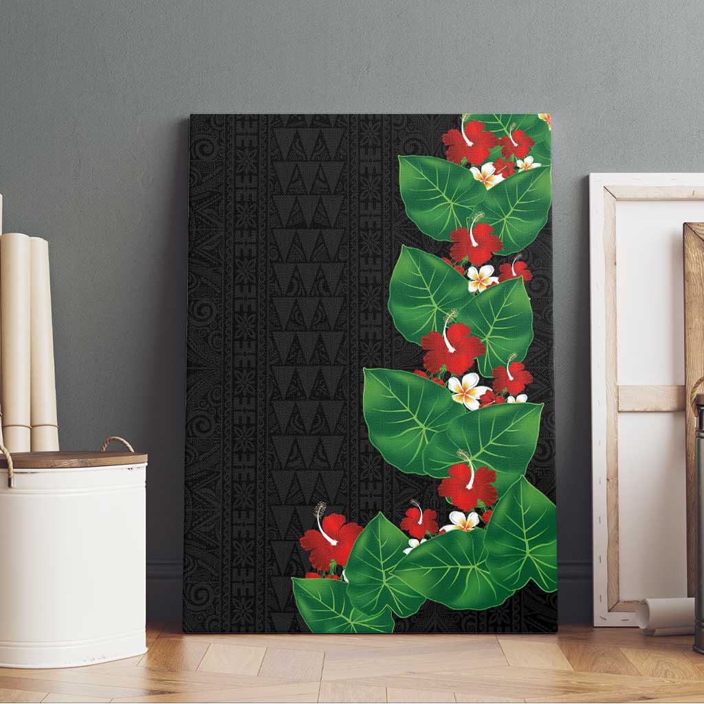 Hawaiian Taro Leaves-Hibiscus and Plumeria Canvas Wall Art Polynesian Art-Kakau Tattoo Black