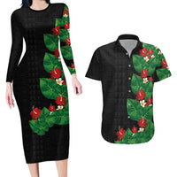 Hawaiian Taro Leaves-Hibiscus and Plumeria Couples Matching Long Sleeve Bodycon Dress and Hawaiian Shirt Polynesian Art-Kakau Tattoo Black