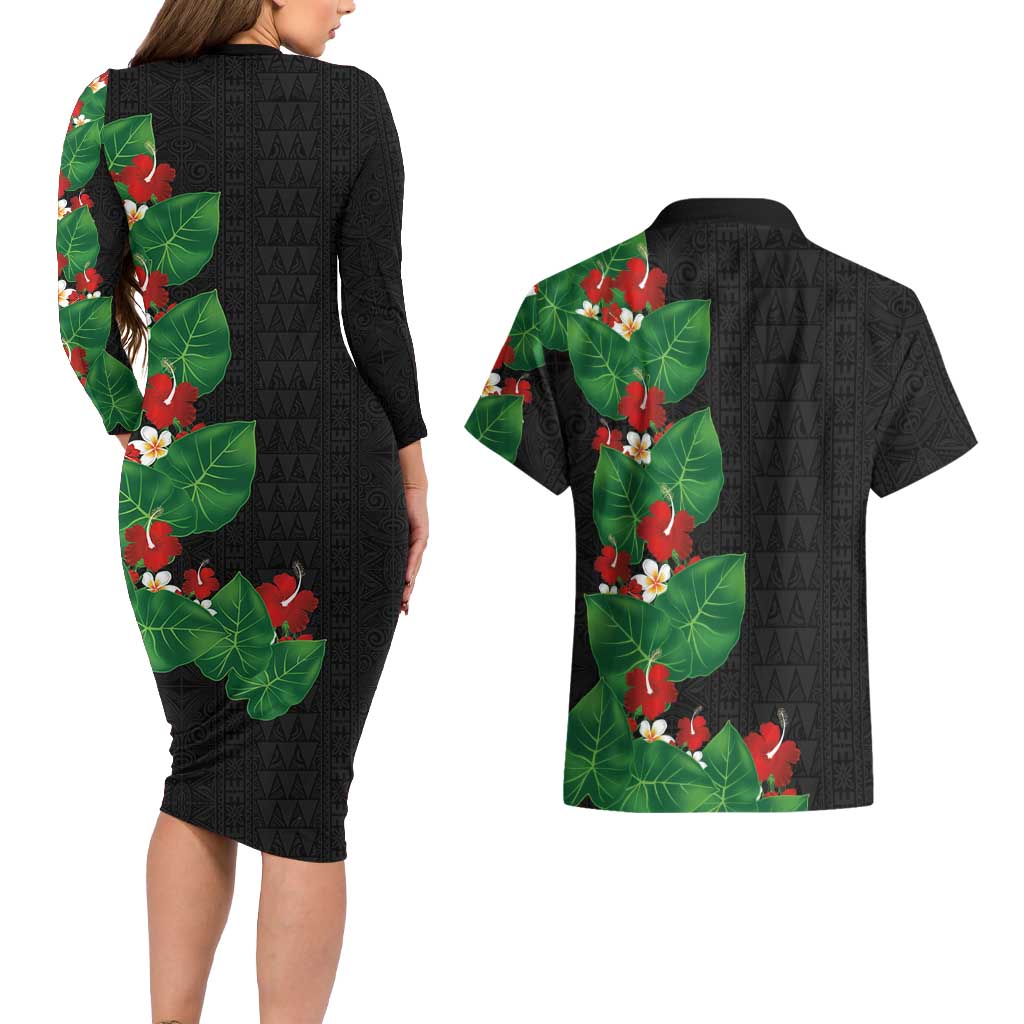 Hawaiian Taro Leaves-Hibiscus and Plumeria Couples Matching Long Sleeve Bodycon Dress and Hawaiian Shirt Polynesian Art-Kakau Tattoo Black
