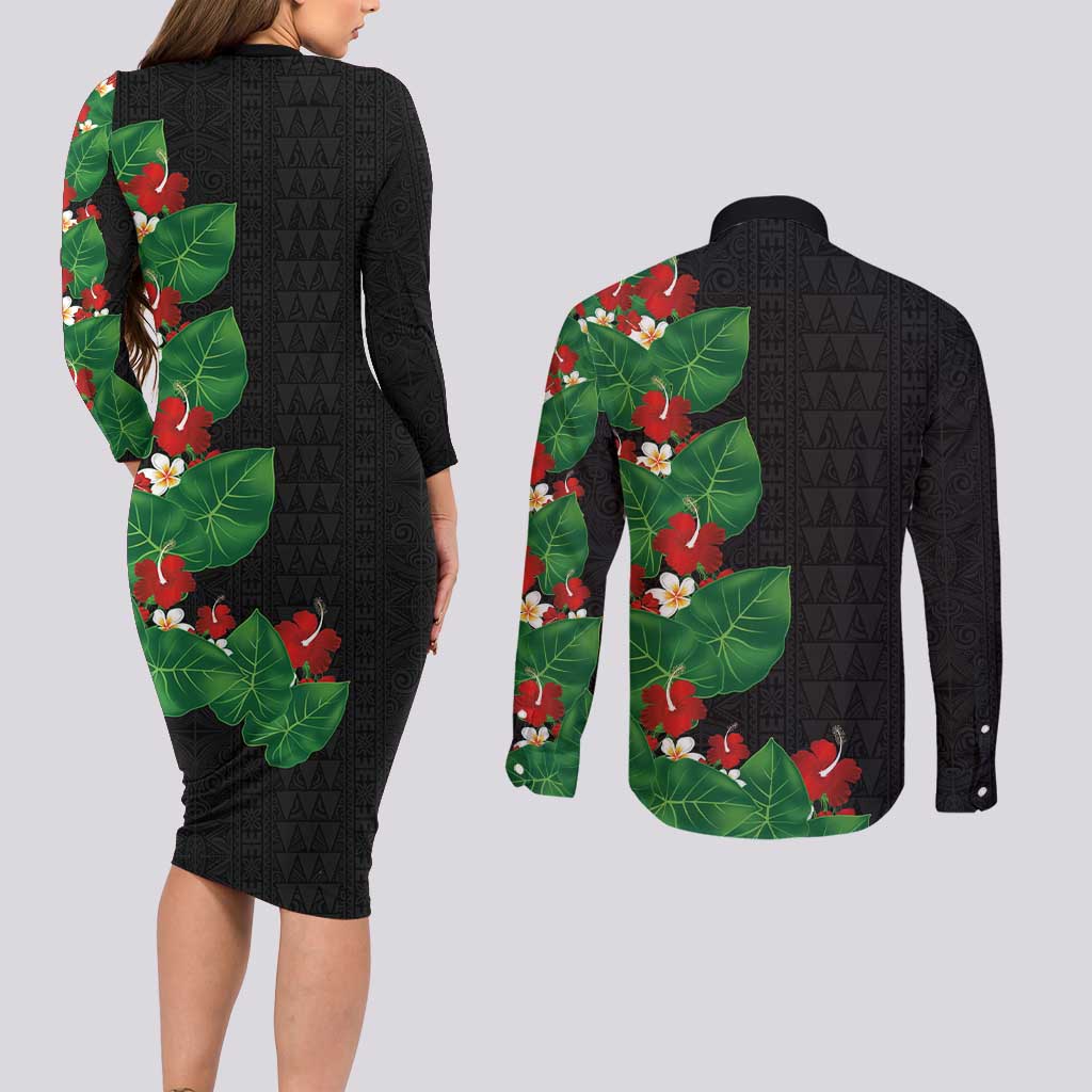 Hawaiian Taro Leaves-Hibiscus and Plumeria Couples Matching Long Sleeve Bodycon Dress and Long Sleeve Button Shirt Polynesian Art-Kakau Tattoo Black