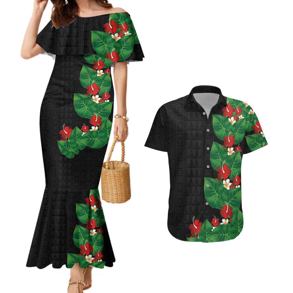 Hawaiian Taro Leaves-Hibiscus and Plumeria Couples Matching Mermaid Dress and Hawaiian Shirt Polynesian Art-Kakau Tattoo Black
