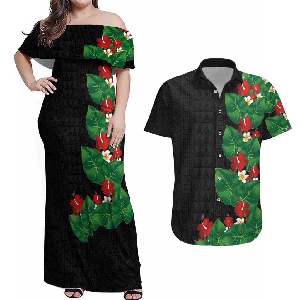 Hawaiian Taro Leaves-Hibiscus and Plumeria Couples Matching Off Shoulder Maxi Dress and Hawaiian Shirt Polynesian Art-Kakau Tattoo Black