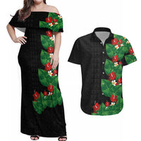 Hawaiian Taro Leaves-Hibiscus and Plumeria Couples Matching Off Shoulder Maxi Dress and Hawaiian Shirt Polynesian Art-Kakau Tattoo Black