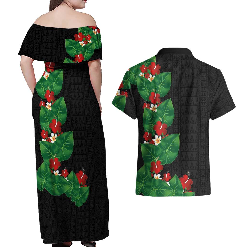 Hawaiian Taro Leaves-Hibiscus and Plumeria Couples Matching Off Shoulder Maxi Dress and Hawaiian Shirt Polynesian Art-Kakau Tattoo Black