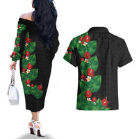 Hawaiian Taro Leaves-Hibiscus and Plumeria Couples Matching Off The Shoulder Long Sleeve Dress and Hawaiian Shirt Polynesian Art-Kakau Tattoo Black