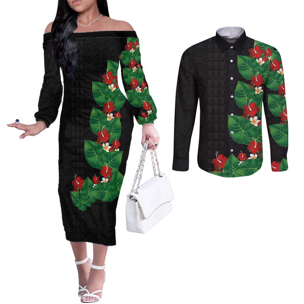 Hawaiian Taro Leaves-Hibiscus and Plumeria Couples Matching Off The Shoulder Long Sleeve Dress and Long Sleeve Button Shirt Polynesian Art-Kakau Tattoo Black LT03 Black - Polynesian Pride