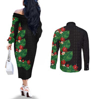 Hawaiian Taro Leaves-Hibiscus and Plumeria Couples Matching Off The Shoulder Long Sleeve Dress and Long Sleeve Button Shirt Polynesian Art-Kakau Tattoo Black LT03 - Polynesian Pride