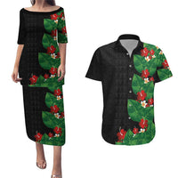 Hawaiian Taro Leaves-Hibiscus and Plumeria Couples Matching Puletasi and Hawaiian Shirt Polynesian Art-Kakau Tattoo Black