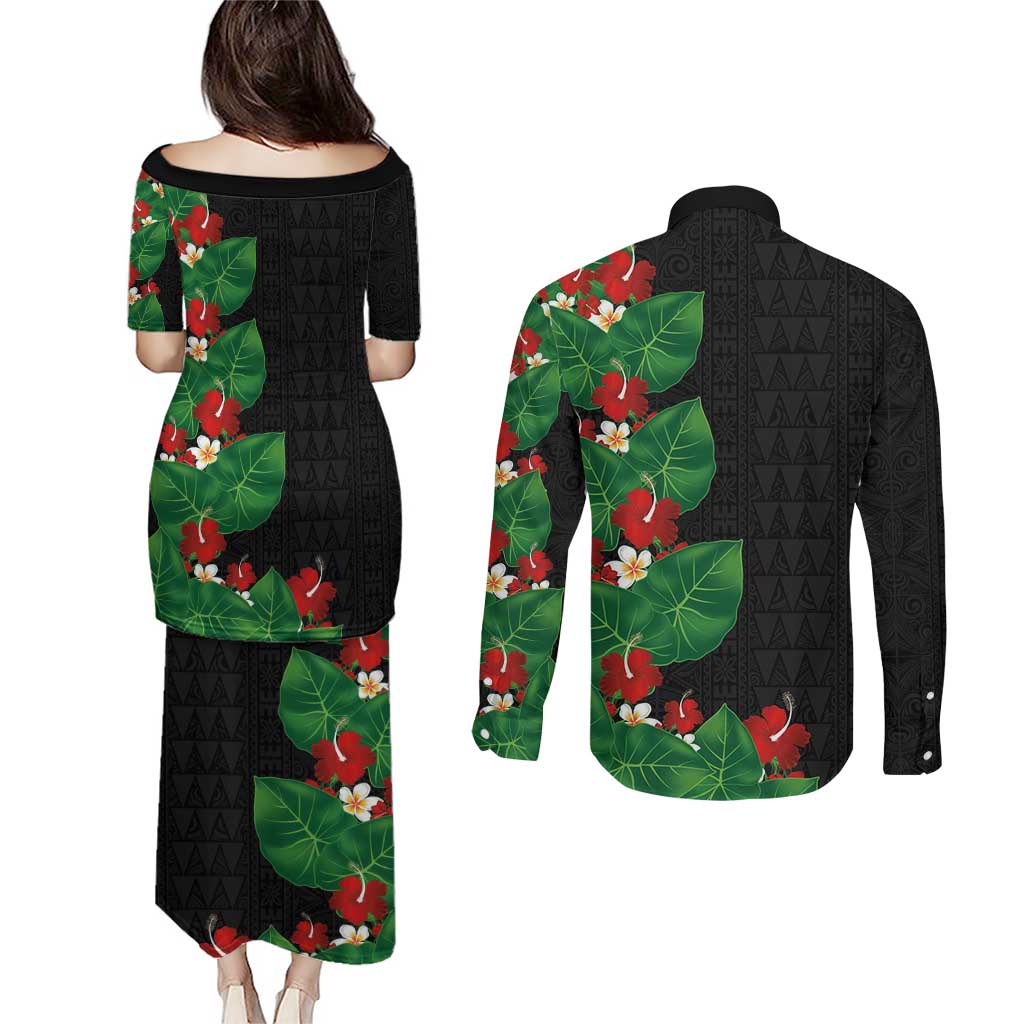 Hawaiian Taro Leaves-Hibiscus and Plumeria Couples Matching Puletasi and Long Sleeve Button Shirt Polynesian Art-Kakau Tattoo Black