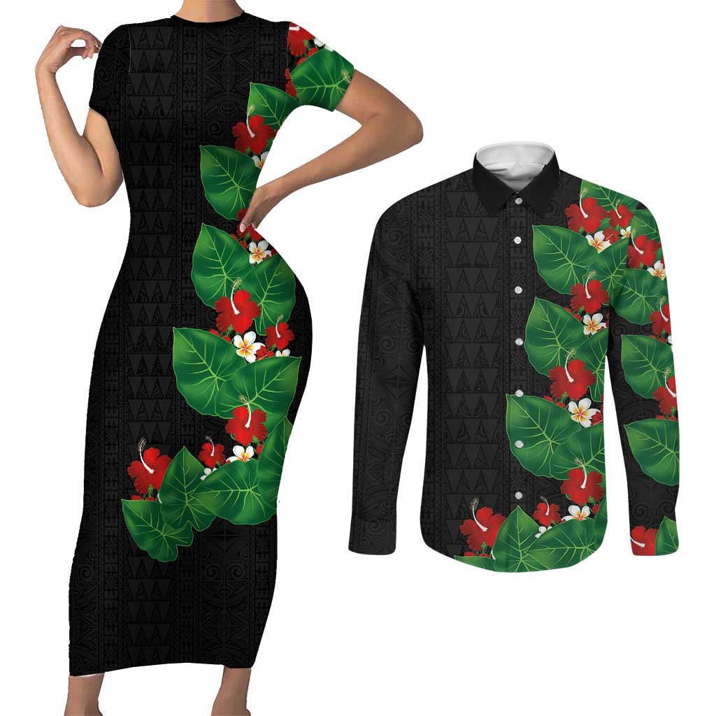 Hawaiian Taro Leaves-Hibiscus and Plumeria Couples Matching Short Sleeve Bodycon Dress and Long Sleeve Button Shirt Polynesian Art-Kakau Tattoo Black LT03 Black - Polynesian Pride