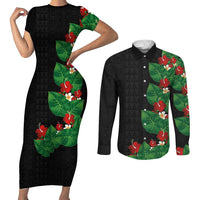 Hawaiian Taro Leaves-Hibiscus and Plumeria Couples Matching Short Sleeve Bodycon Dress and Long Sleeve Button Shirt Polynesian Art-Kakau Tattoo Black LT03 Black - Polynesian Pride