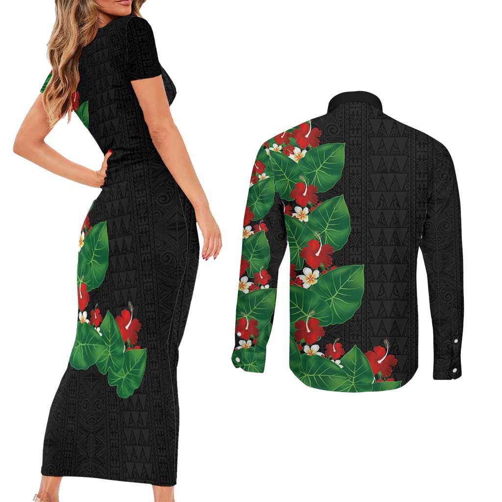 Hawaiian Taro Leaves-Hibiscus and Plumeria Couples Matching Short Sleeve Bodycon Dress and Long Sleeve Button Shirt Polynesian Art-Kakau Tattoo Black LT03 - Polynesian Pride