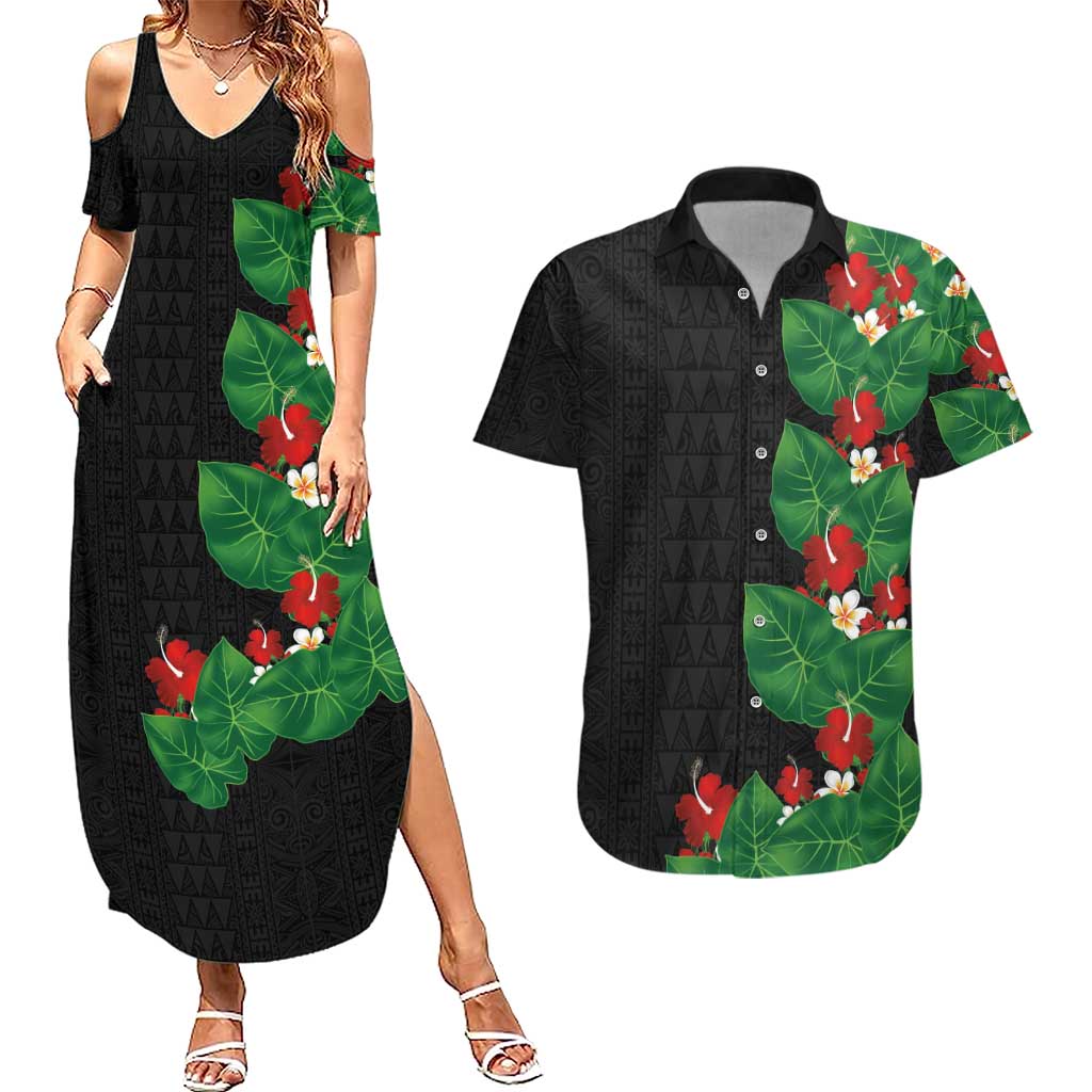 Hawaiian Taro Leaves-Hibiscus and Plumeria Couples Matching Summer Maxi Dress and Hawaiian Shirt Polynesian Art-Kakau Tattoo Black LT03 Black - Polynesian Pride