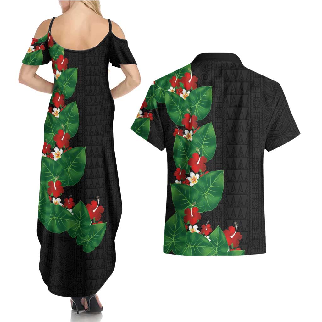 Hawaiian Taro Leaves-Hibiscus and Plumeria Couples Matching Summer Maxi Dress and Hawaiian Shirt Polynesian Art-Kakau Tattoo Black LT03 - Polynesian Pride