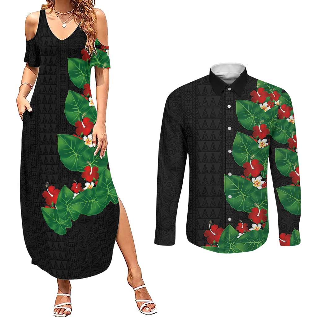 Hawaiian Taro Leaves-Hibiscus and Plumeria Couples Matching Summer Maxi Dress and Long Sleeve Button Shirt Polynesian Art-Kakau Tattoo Black