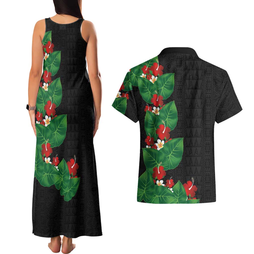Hawaiian Taro Leaves-Hibiscus and Plumeria Couples Matching Tank Maxi Dress and Hawaiian Shirt Polynesian Art-Kakau Tattoo Black