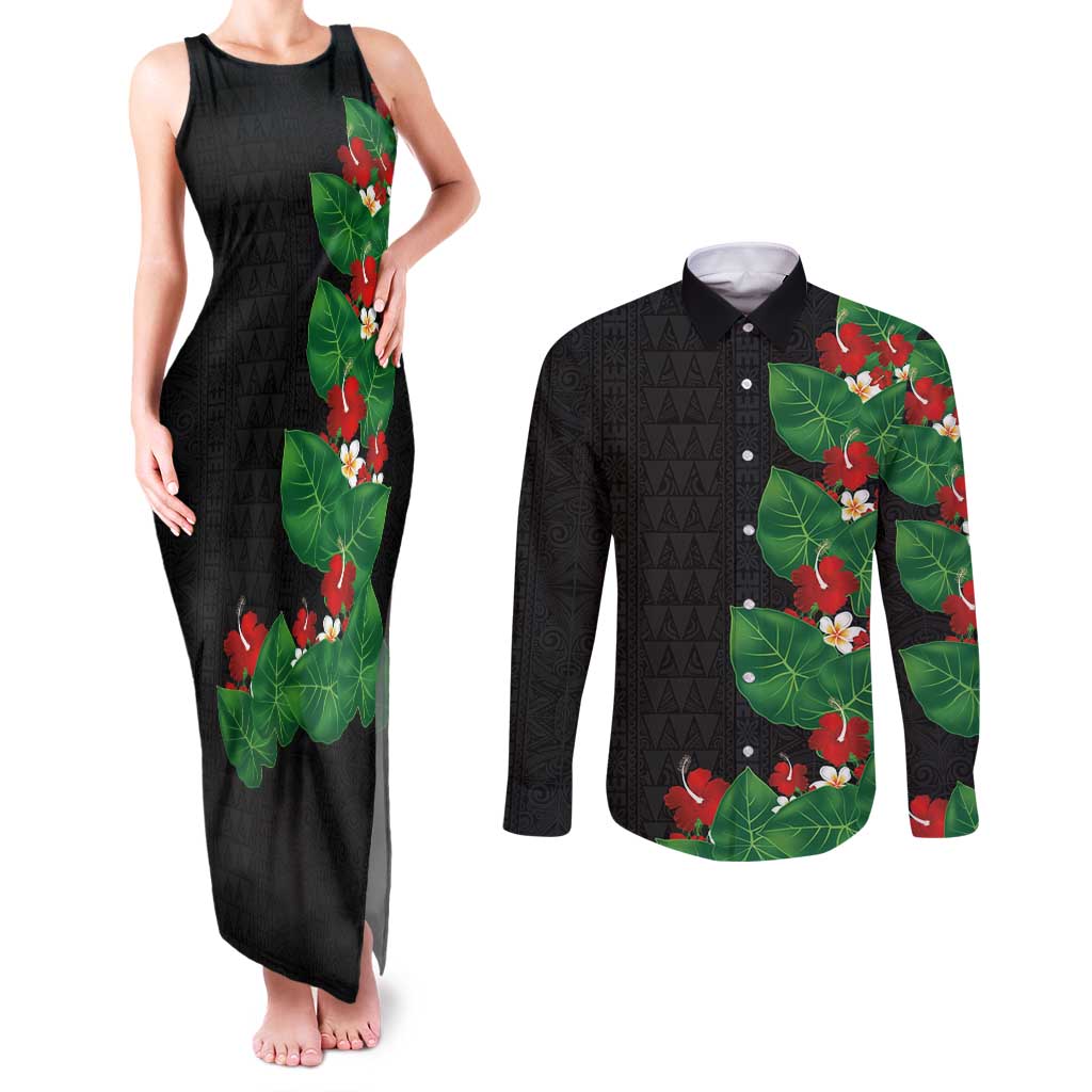 Hawaiian Taro Leaves-Hibiscus and Plumeria Couples Matching Tank Maxi Dress and Long Sleeve Button Shirt Polynesian Art-Kakau Tattoo Black