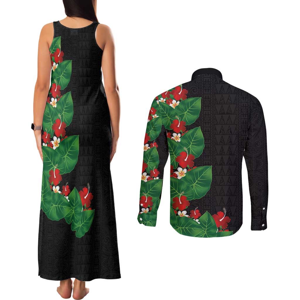 Hawaiian Taro Leaves-Hibiscus and Plumeria Couples Matching Tank Maxi Dress and Long Sleeve Button Shirt Polynesian Art-Kakau Tattoo Black