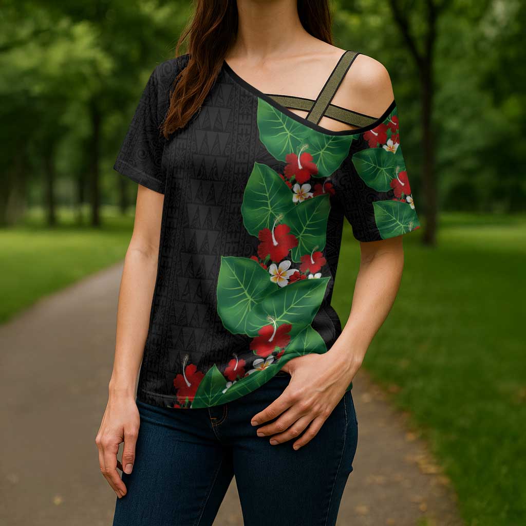 Hawaiian Taro Leaves-Hibiscus and Plumeria Cross Shoulder Shirt Polynesian Art-Kakau Tattoo Black