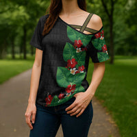 Hawaiian Taro Leaves-Hibiscus and Plumeria Cross Shoulder Shirt Polynesian Art-Kakau Tattoo Black